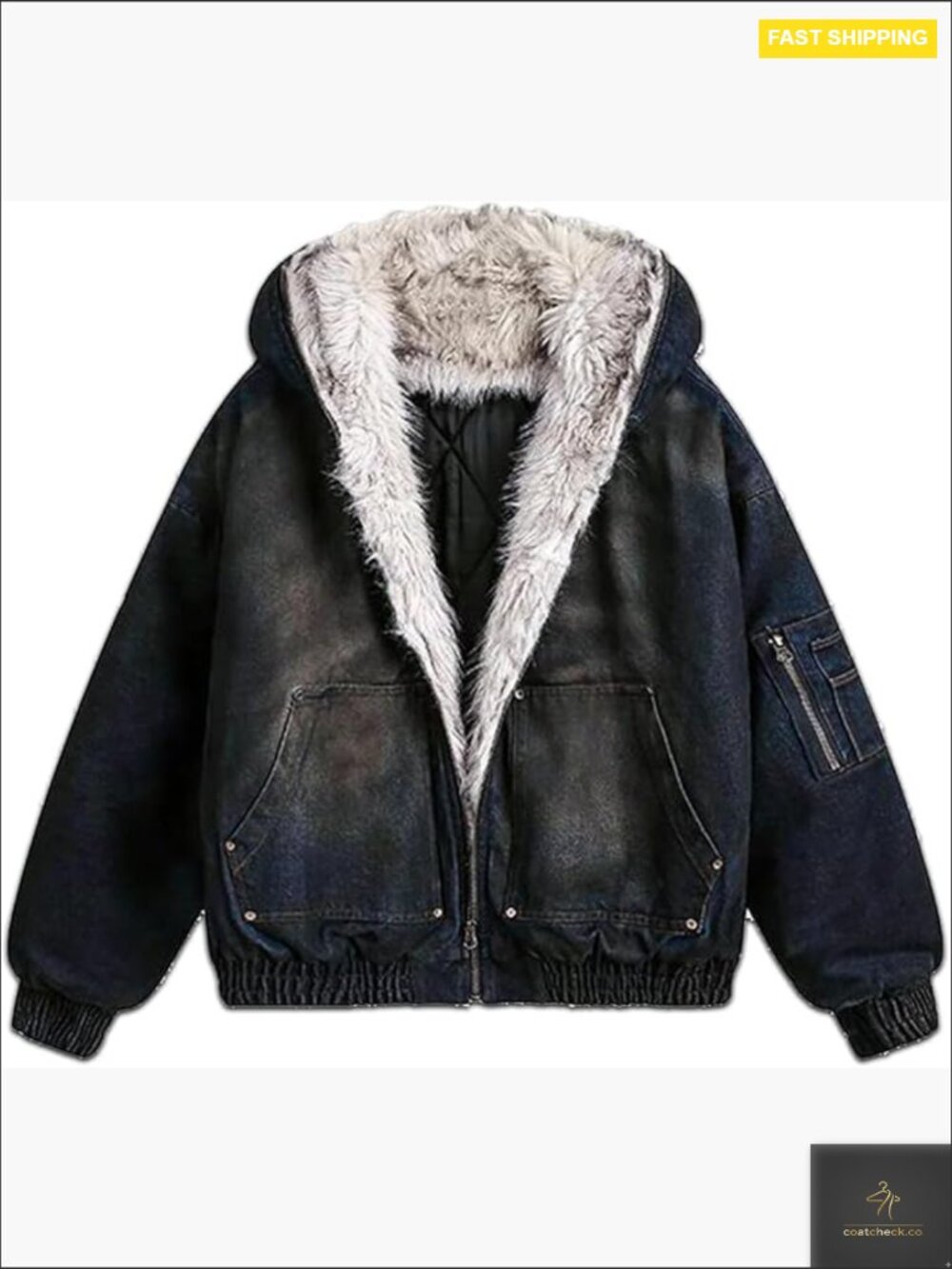 Vintage Denim Jacket with Faux Fur Hood Streetwear Loose Fit Winter Coat